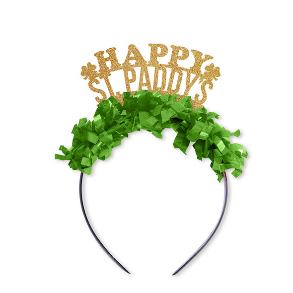 St. Patrick's Day Party Crown Headband in gold and green saying Happy St. Paddy's