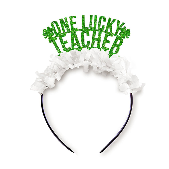 St. Patrick's Day Party Crown Headband in gold and green saying one lucky teacher