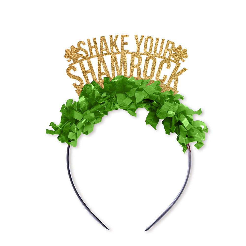 St. Patrick's Day Party Crown Headband in gold and green saying shake your shamrock