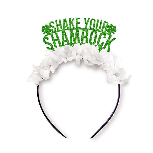 St. Patrick's Day Party Crown Headband in white and green saying shake your shamrock